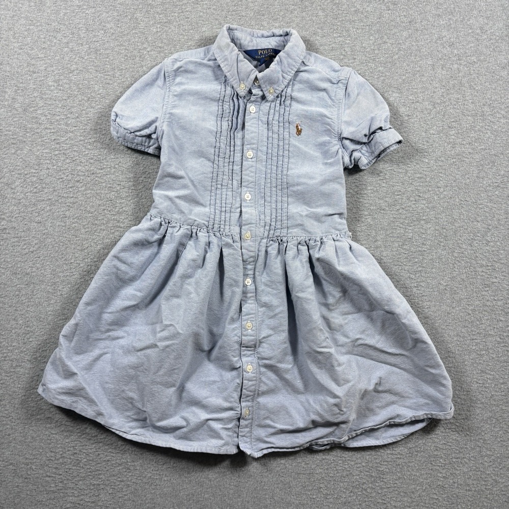 Polo Ralph Lauren Girls Blue Oxford Shirt Dress Sz 8 Pintuck Short Sleeve Cotton